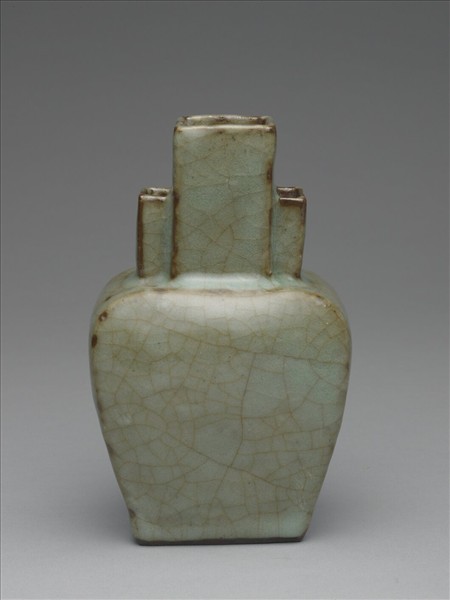 仿官釉青瓷三管扁壺