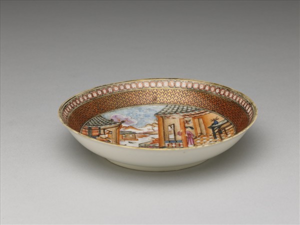 粉彩山水人物圖杯托