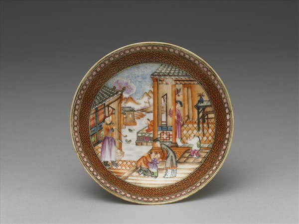 粉彩山水人物圖杯托