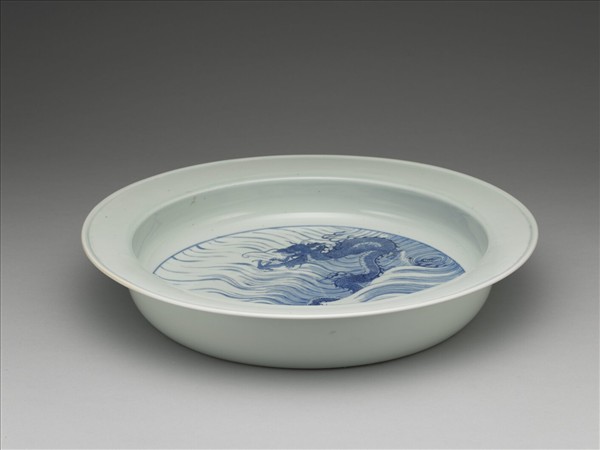 青花魚龍圖折沿洗