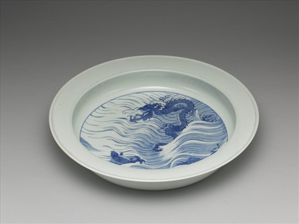 青花魚龍圖折沿洗