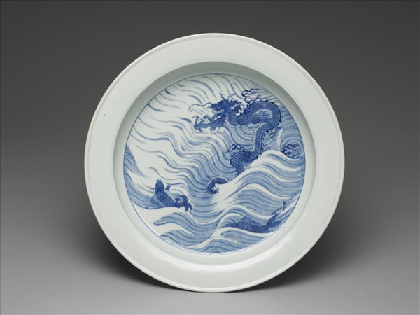 青花魚龍圖折沿洗