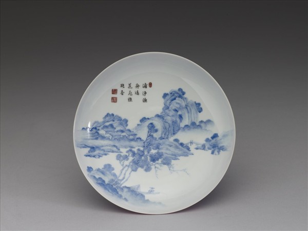 琺瑯彩紅錦地剔花青山水盤