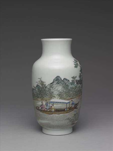 洋彩泛舟煮茶圖瓶