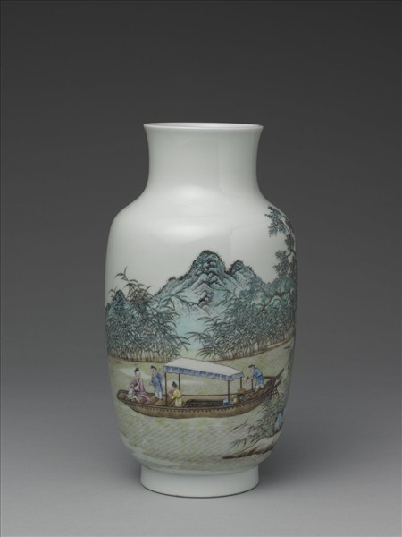 洋彩泛舟煮茶圖瓶