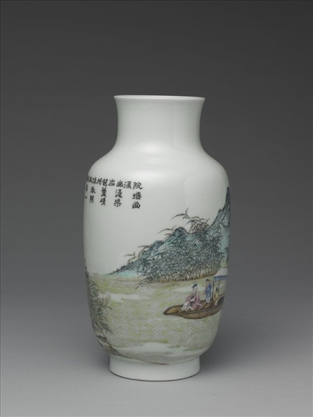 洋彩泛舟煮茶圖瓶