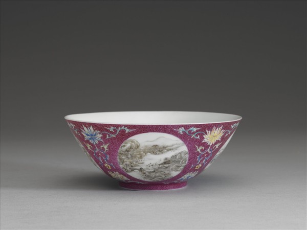 洋彩紅錦地開光山水圖碗