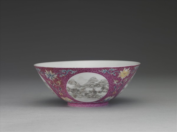 洋彩紅錦地開光山水圖碗