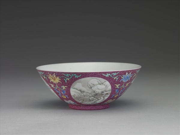 洋彩紅錦地開光山水圖碗