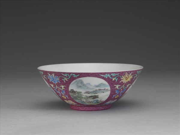 洋彩紅錦地開光山水圖碗