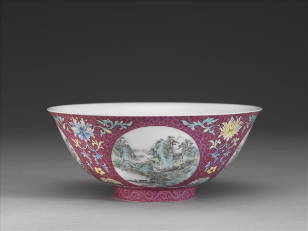 洋彩紅錦地開光山水圖碗