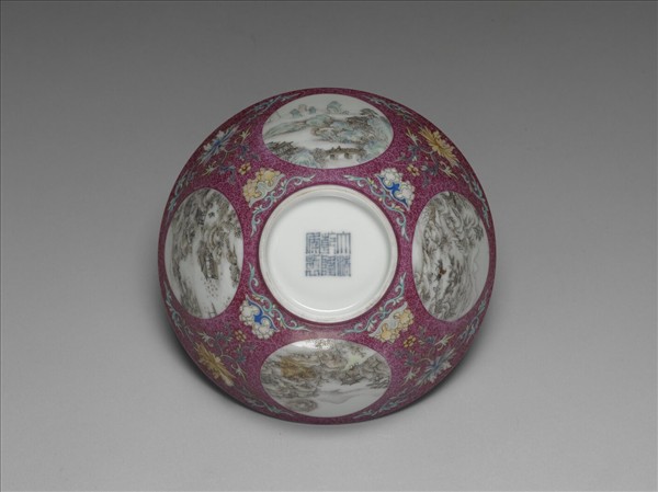 洋彩紅錦地開光山水圖碗