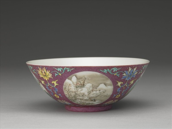 洋彩紅錦地開光山水圖碗