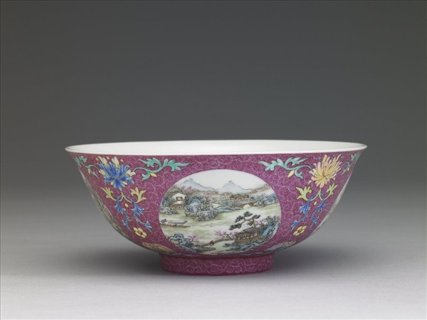 洋彩紅錦地開光山水圖碗