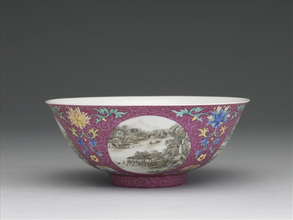 洋彩紅錦地開光山水圖碗