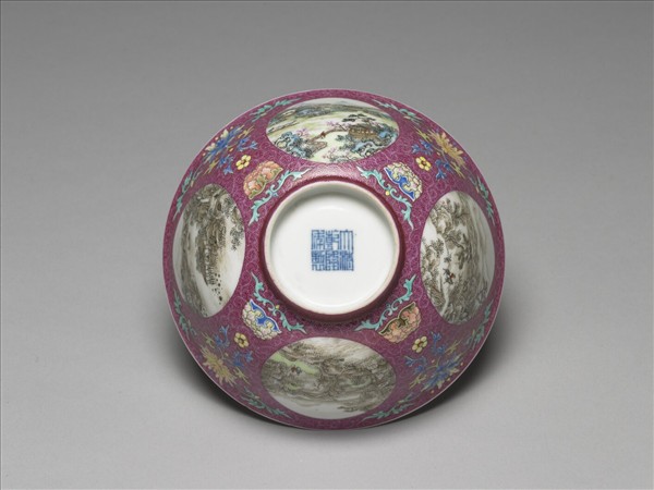 洋彩紅錦地開光山水圖碗