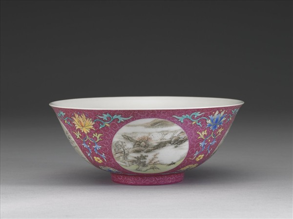 洋彩紅錦地開光山水圖碗