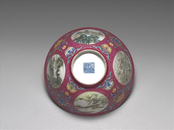 洋彩紅錦地開光山水圖碗