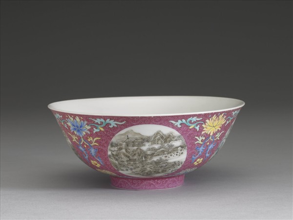 洋彩紅錦地開光山水圖碗