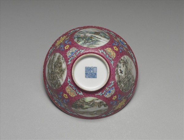 洋彩紅錦地開光山水圖碗
