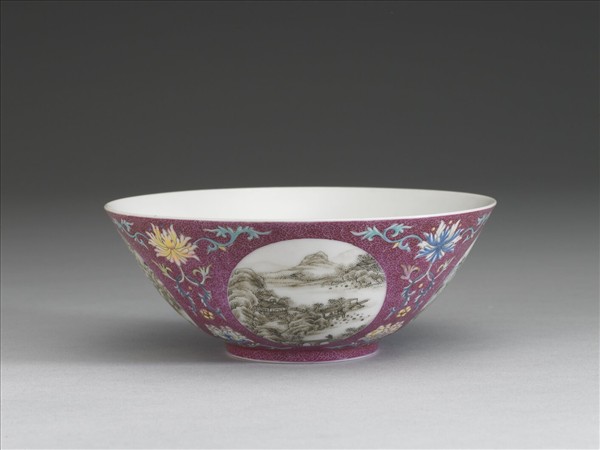 洋彩紅錦地開光山水圖碗