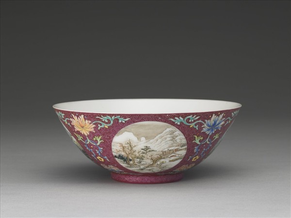 洋彩紅錦地開光山水圖碗
