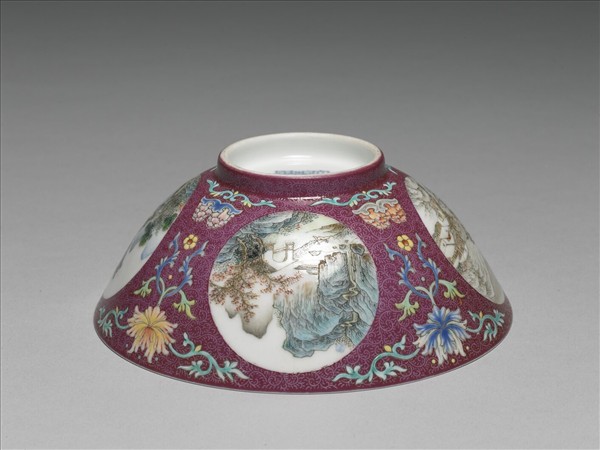 洋彩紅錦地開光山水圖碗