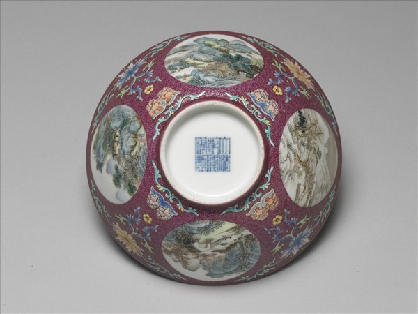 洋彩紅錦地開光山水圖碗