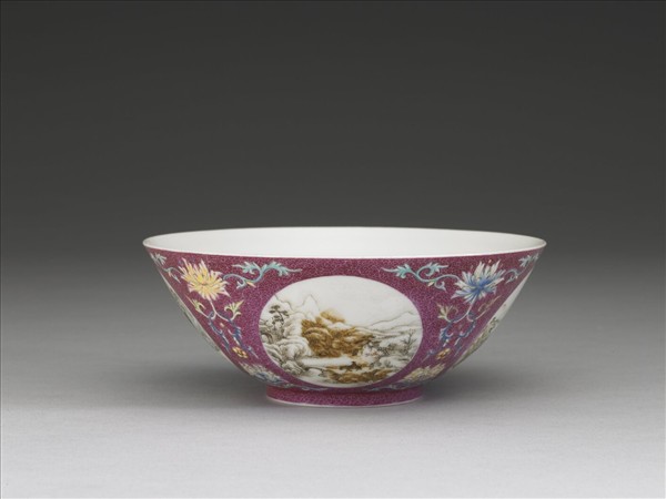 洋彩紅錦地開光山水圖碗