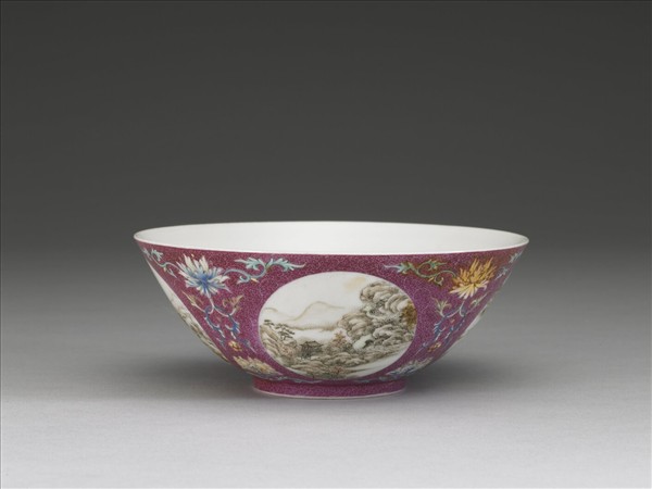 洋彩紅錦地開光山水圖碗