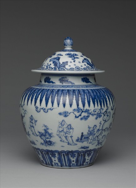 青花人物圖蓋罐