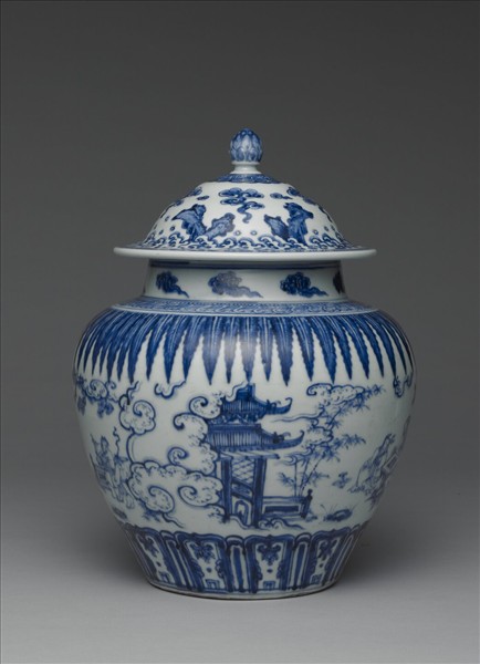 青花人物圖蓋罐