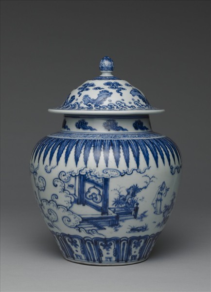 青花人物圖蓋罐
