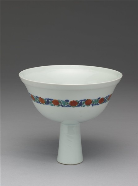 五彩花鳥紋高足蓋碗