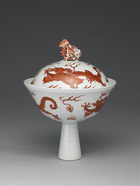白瓷描紅雙龍紋高足蓋碗
