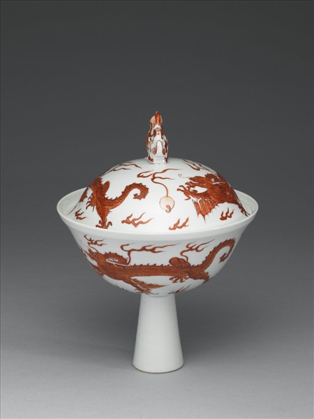 白瓷描紅雙龍紋高足蓋碗