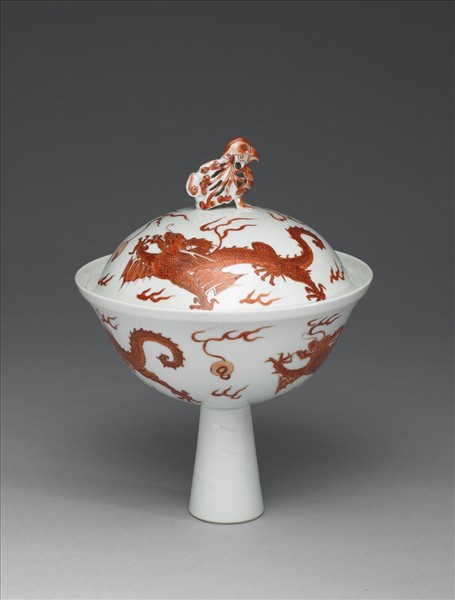 白瓷描紅雙龍紋高足蓋碗