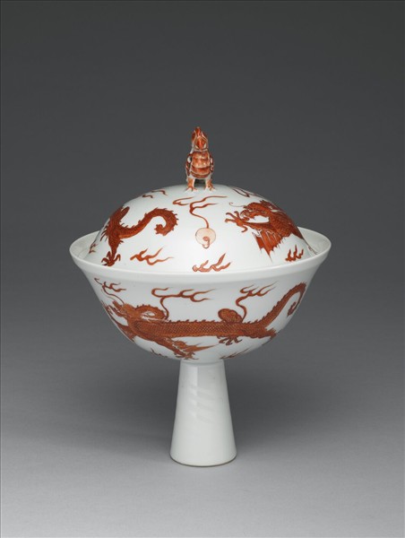 白瓷描紅雙龍紋高足蓋碗