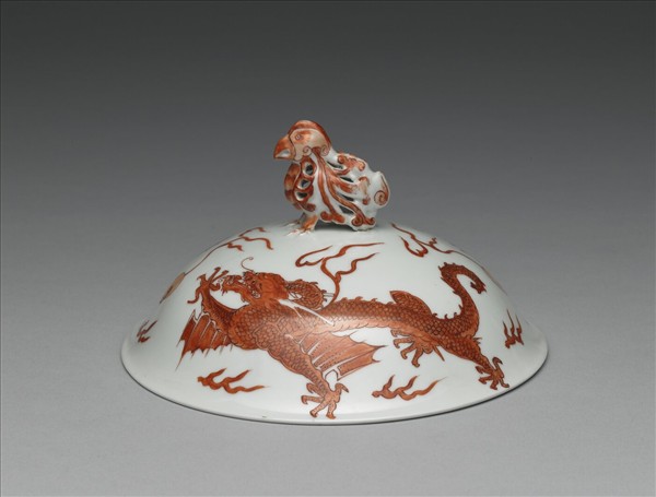 白瓷描紅雙龍紋高足蓋碗