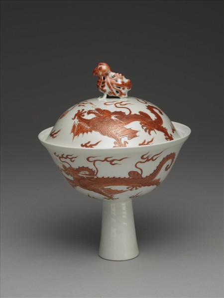 白瓷描紅雙龍紋高足蓋碗
