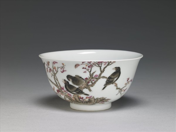 琺瑯彩紅葉八哥茶碗