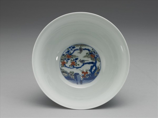 五彩花鳥紋高足蓋碗