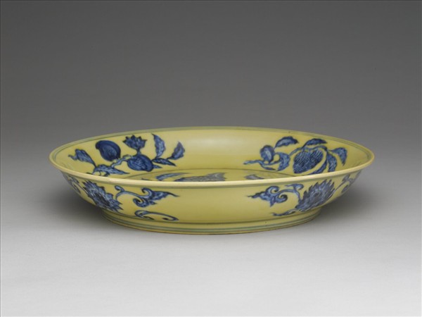 黃釉青花花果盤