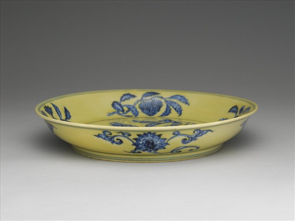 黃釉青花花果盤