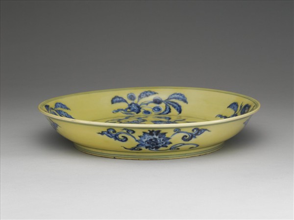 黃釉青花花果盤