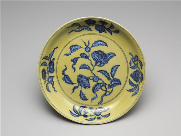 黃釉青花花果盤