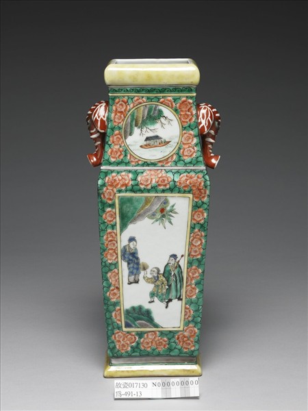 五彩人物象耳方瓶