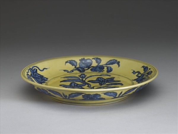黃釉青花花果盤