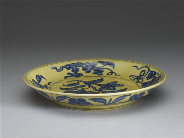 黃釉青花花果盤