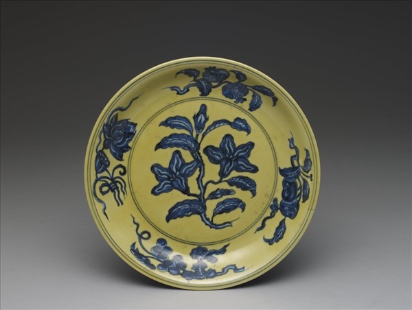黃釉青花花果盤